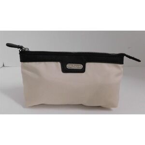 New Salvatore Ferragamo Beige Nylon Black Zip Top Small‎ Cosmetic Clutch Bag